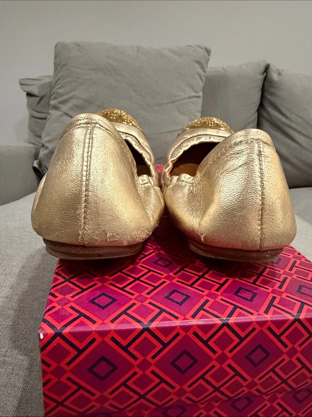 Tory Burch Gold Metallic Ballet Flats with Embellished Toe